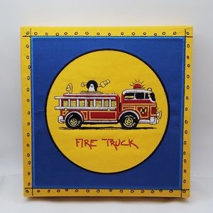 Vintage Fabric Embroidery Fire Truck Boys Room Bright Raised Box Fire Hose Frame
